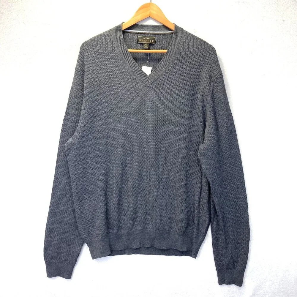 NWT‎ Jos. A. Bank Reserve Silk Cotton Sweater Mens 2XL Gray V-Neck Ribbed XXL